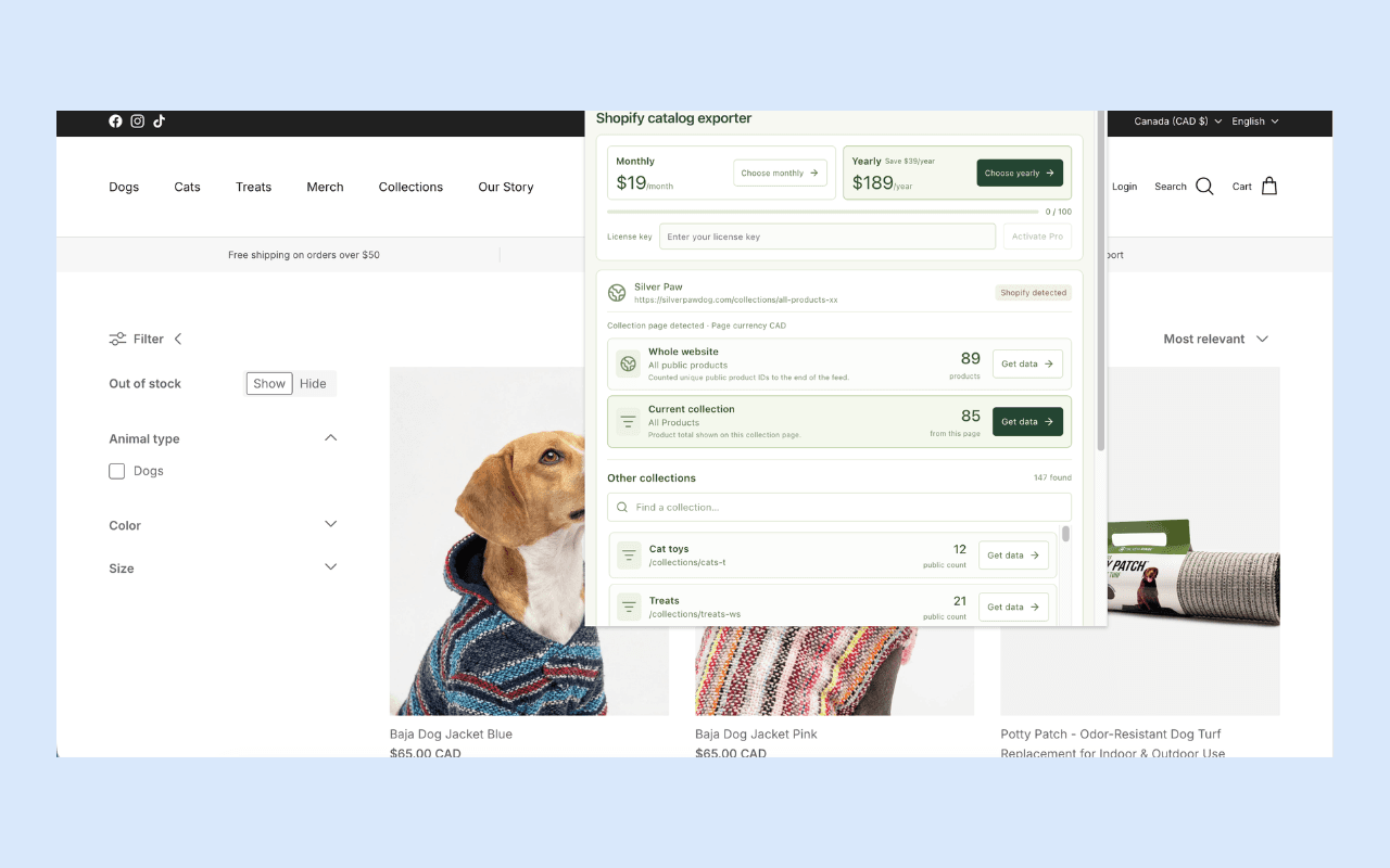 Published Catalog Prep screenshot showing the extension on a Shopify collection page with independent website and collection counts