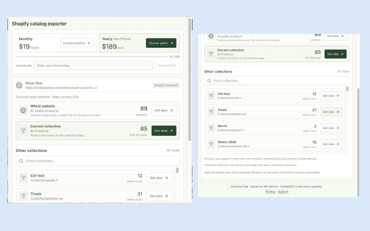 Catalog Prep scope selector with Whole website, Current collection, and searchable Other collections including individual product counts